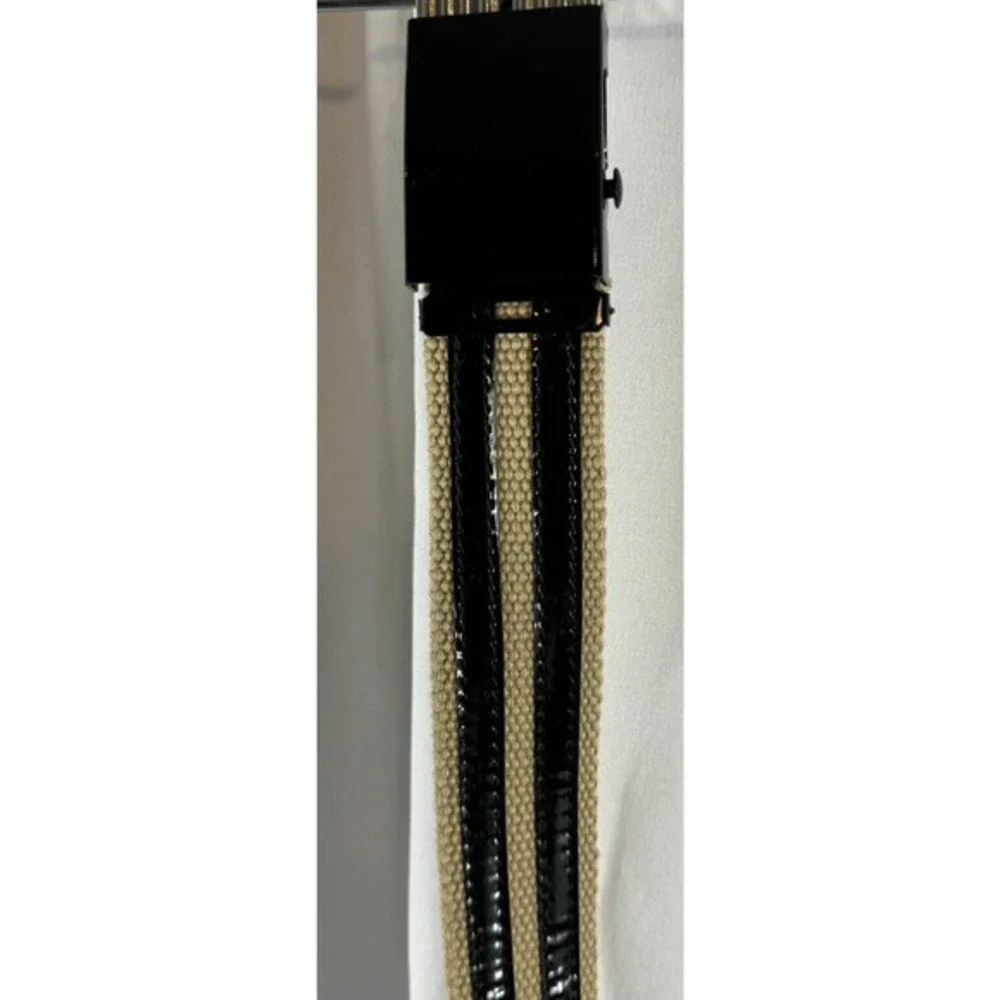Tan Canvas Web Belt Black Patent Stripes Military Flip‎ Buckle Adjustable 70-19